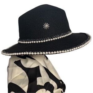Elegant Pearl Trimmed Beach Hat Boater Handwoven Straw Hat Bling Embellished